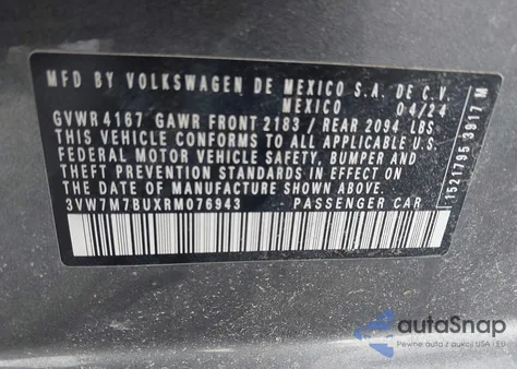 2024 Volkswagen Jetta 1.5T Se z USA, uszkodzony, nr VIN 3VW7M7BUXRM076943